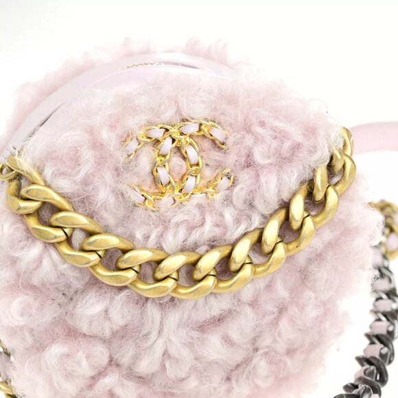 CHANEL 19 CC Logo Round Chain Shoulder Bag Shearling Leather Pink GHW 382RK077 - Picture 8 of 16